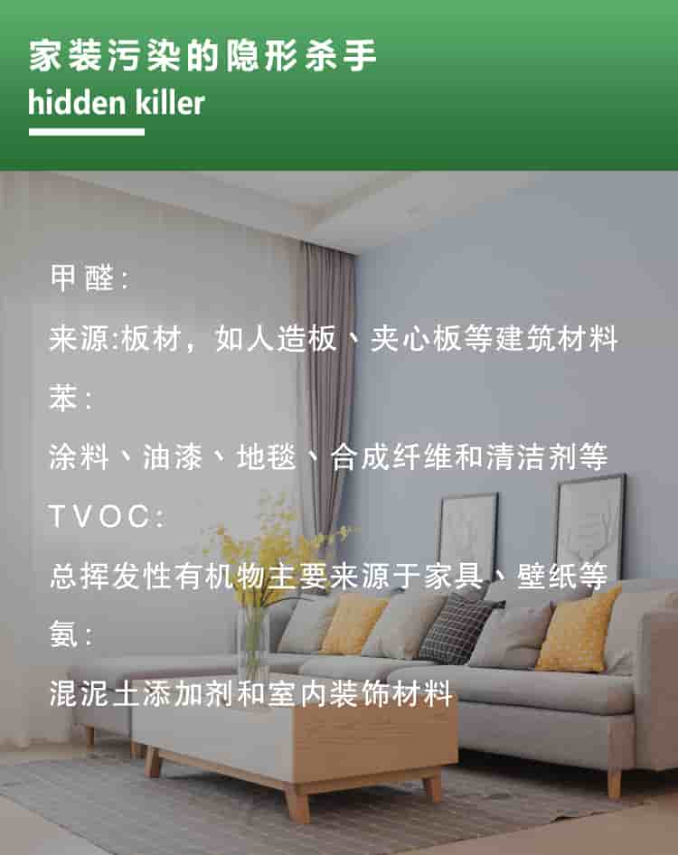 家裝隱形殺手，hidden killer，甲醛來(lái)源板材，如人造板材丶夾心板等建筑材料，苯涂料丶油漆丶地毯丶合成纖維和清潔劑等，TVOC總揮發(fā)性有機(jī)物主要來(lái)源于家具壁紙等，氨混泥土添加劑和室內(nèi)裝飾材料