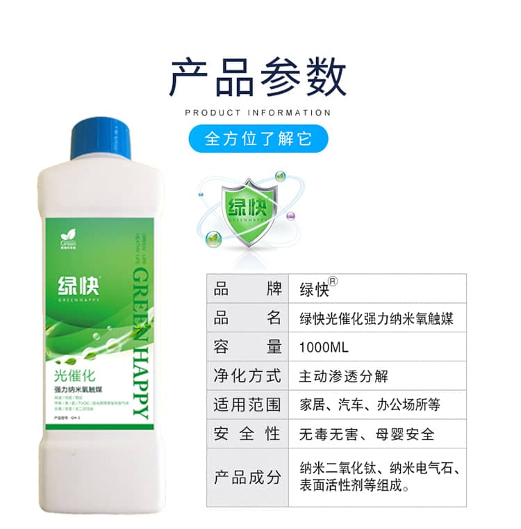 產(chǎn)品參數(shù)：全方位了解它  品牌：綠快 品名：綠快光催化強力納米氧觸媒  容量：1000ML 凈化方式：主動滲透分解  適用范圍：家具、汽車、辦公場所等 安全性：無毒無害、母嬰安全  產(chǎn)品成分：納米二氧化鈦、納米電氣石、表面活性劑等組成